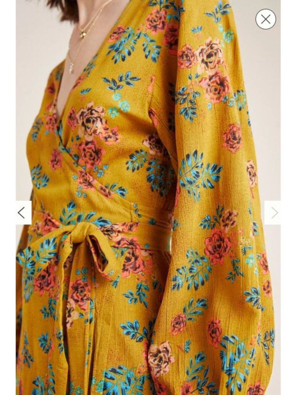 Floral Yellow Wrap Midi Dress M With Tie Waist & Long Sleeves - Picture 2 of 8